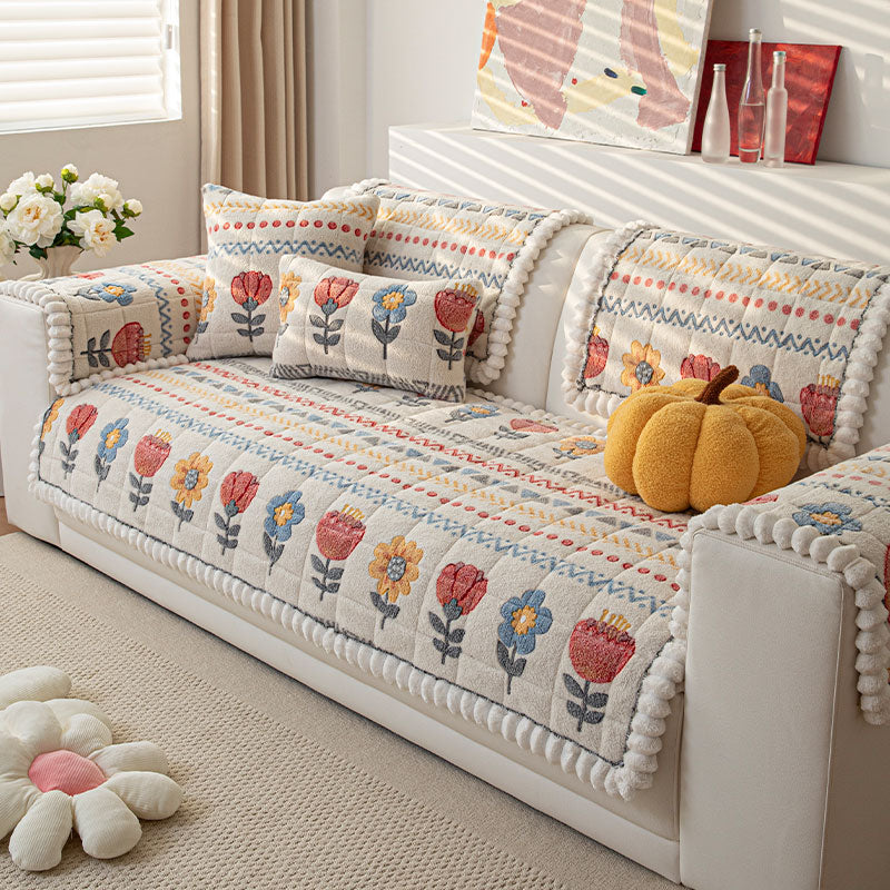 Coverfect Boho Quilted Milk Velvet Floral Sofa Cover