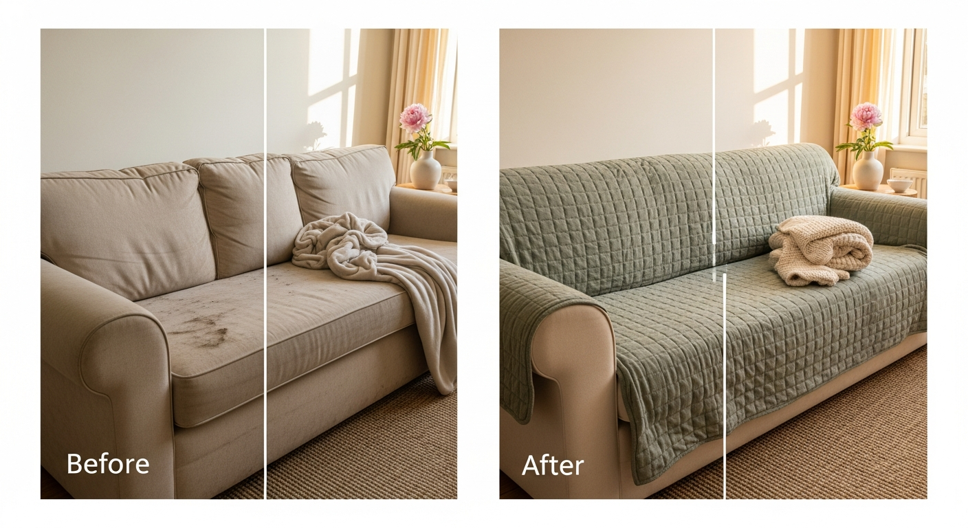 Before-and-after split-frame of the same beige sofa: left half showing the bare worn sofa, right half showing the same sofa transformed by a draped sage-green chenille sofa cover — a 10-minute Mother's Day living room reset