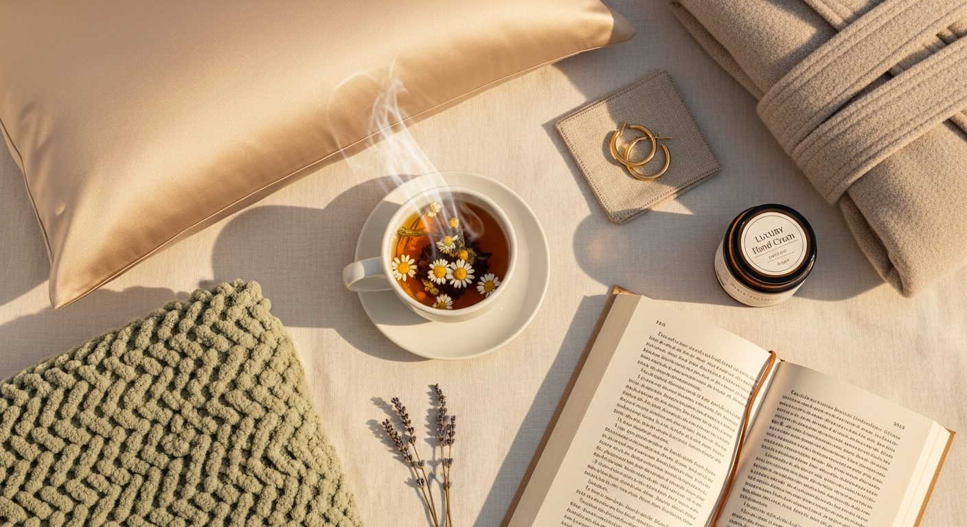 Editorial flat-lay overhead view of curated self-gift items on cream linen — silk pillowcase, sage chenille throw, steaming mug of herbal tea, open paperback novel, hand cream, gold hoop earrings, dried lavender — the quiet things women buy for themselves