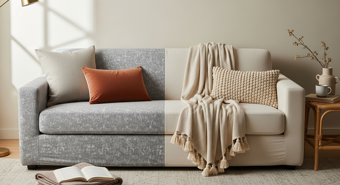 A neutral living room sofa showing different textile treatments side-by-side: a tailored fitted cover with silvery-grey jacquard pattern on the left half, and a draped chenille cover with a cream tassel throw layered over the right half.