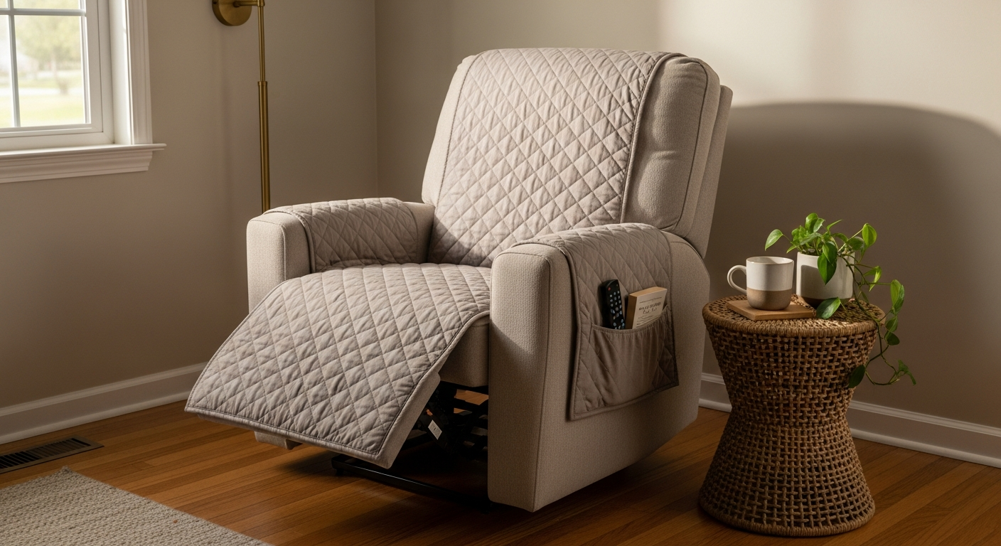 A lived-in living room with a fabric recliner draped in a quilted neutral beige cover.