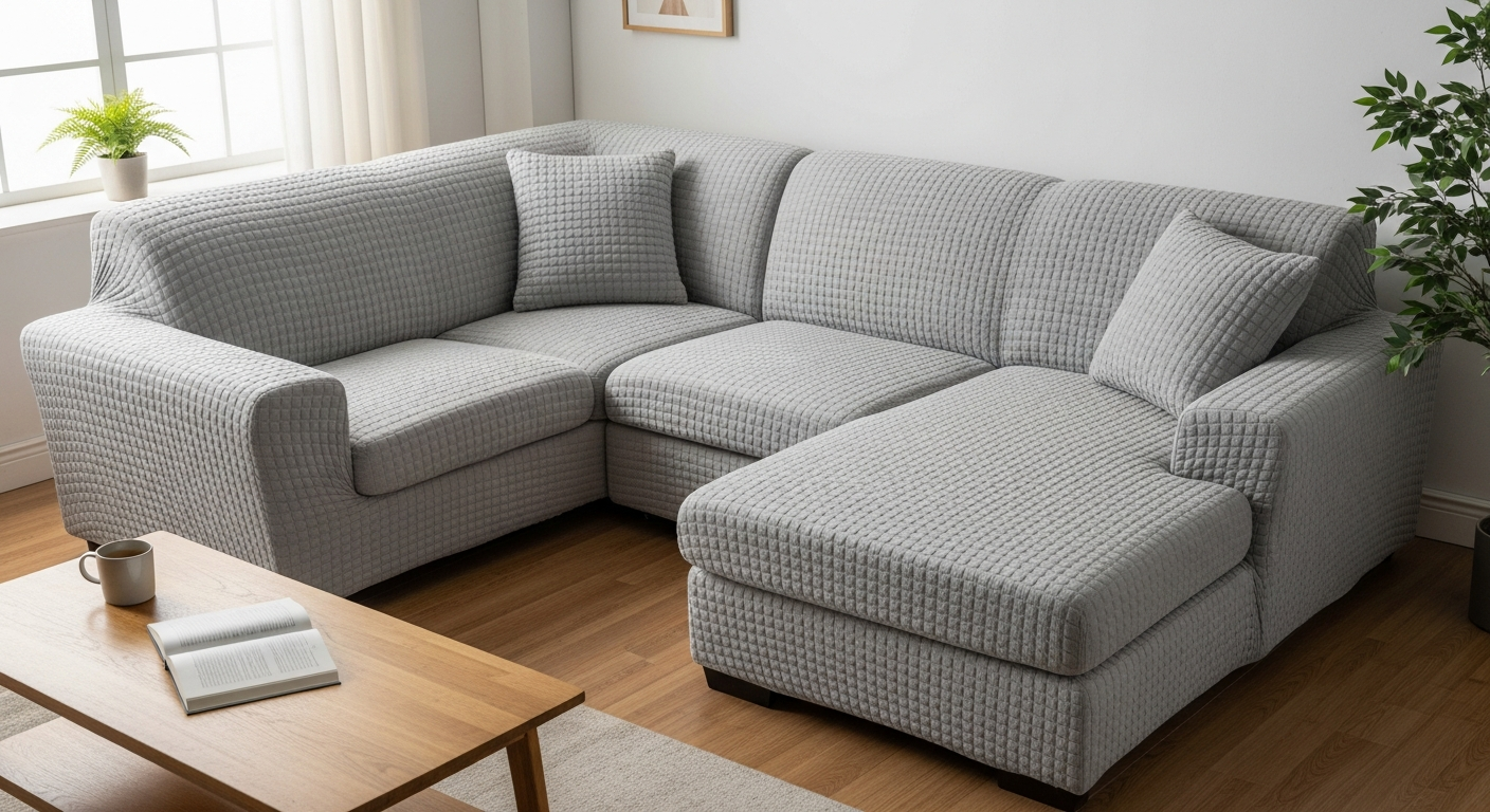 A modern lived-in living room with an L-shaped sectional sofa fully dressed in a tailored multi-piece light grey jacquard fitted cover — both armrests fully wrapped, all seat cushion fronts wrapped, back panels wrapped, chaise extension wrapped.