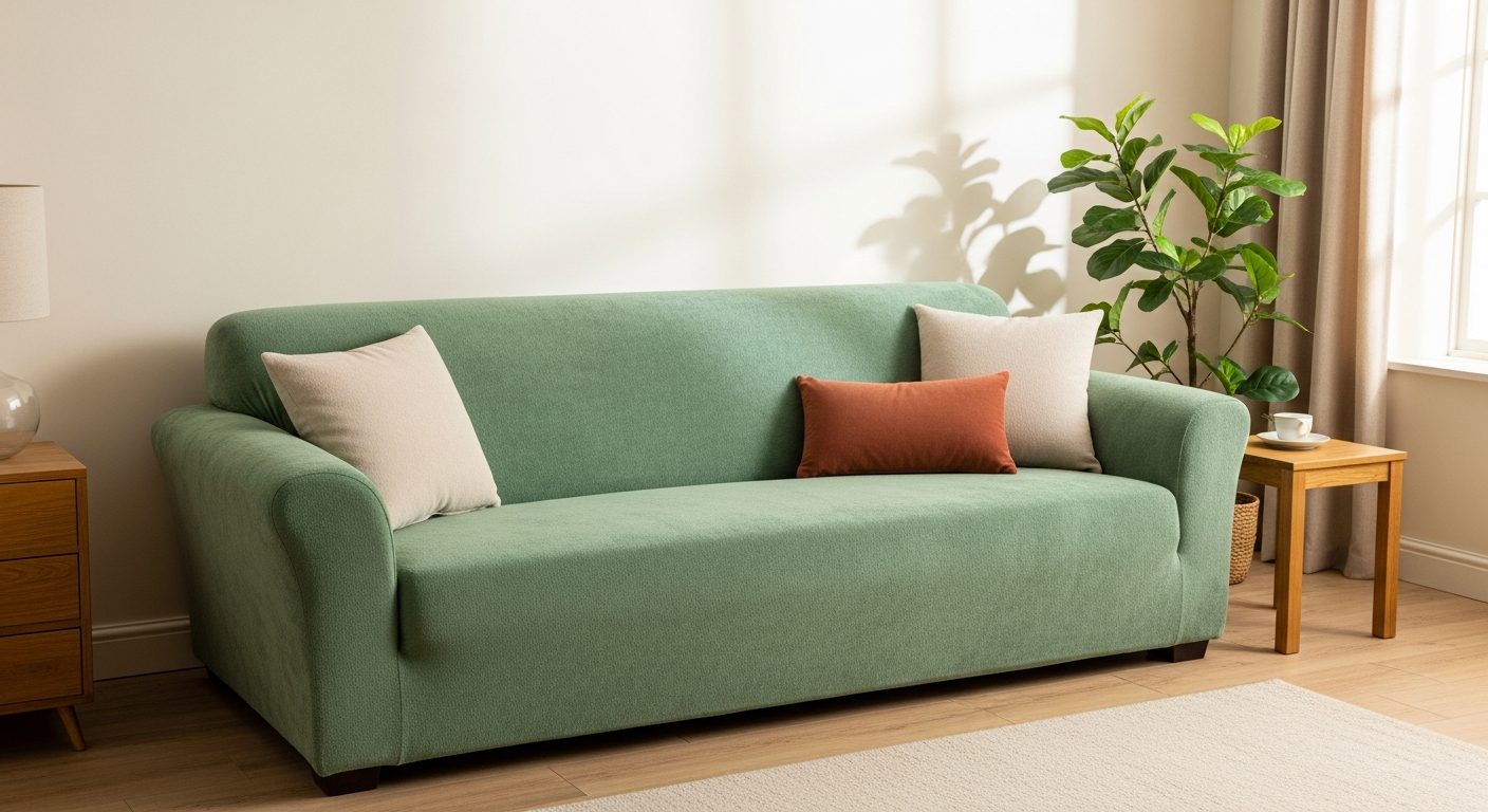 A bright living room showing how cover color sets the mood — a three-seat sofa in a soft matcha-green chenille cover, cream and terracotta cushions, a leafy plant, warm off-white walls and natural daylight.