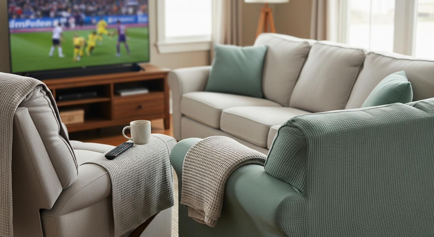 A warm lived-in living room set up for Father's Day — a fabric recliner and a three-seat couch dressed in light-grey and matcha-green covers, a folded throw, a TV showing a game, a mug and remote on the armrest.