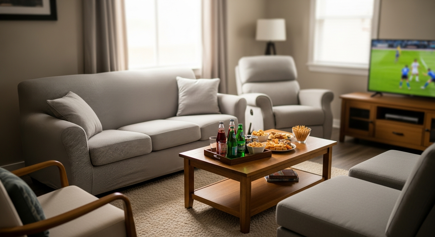 A warm welcoming living room set up for a Father's Day gathering — a light-grey covered couch, a recliner, a snack tray on the coffee table, a TV showing a game, soft afternoon light.