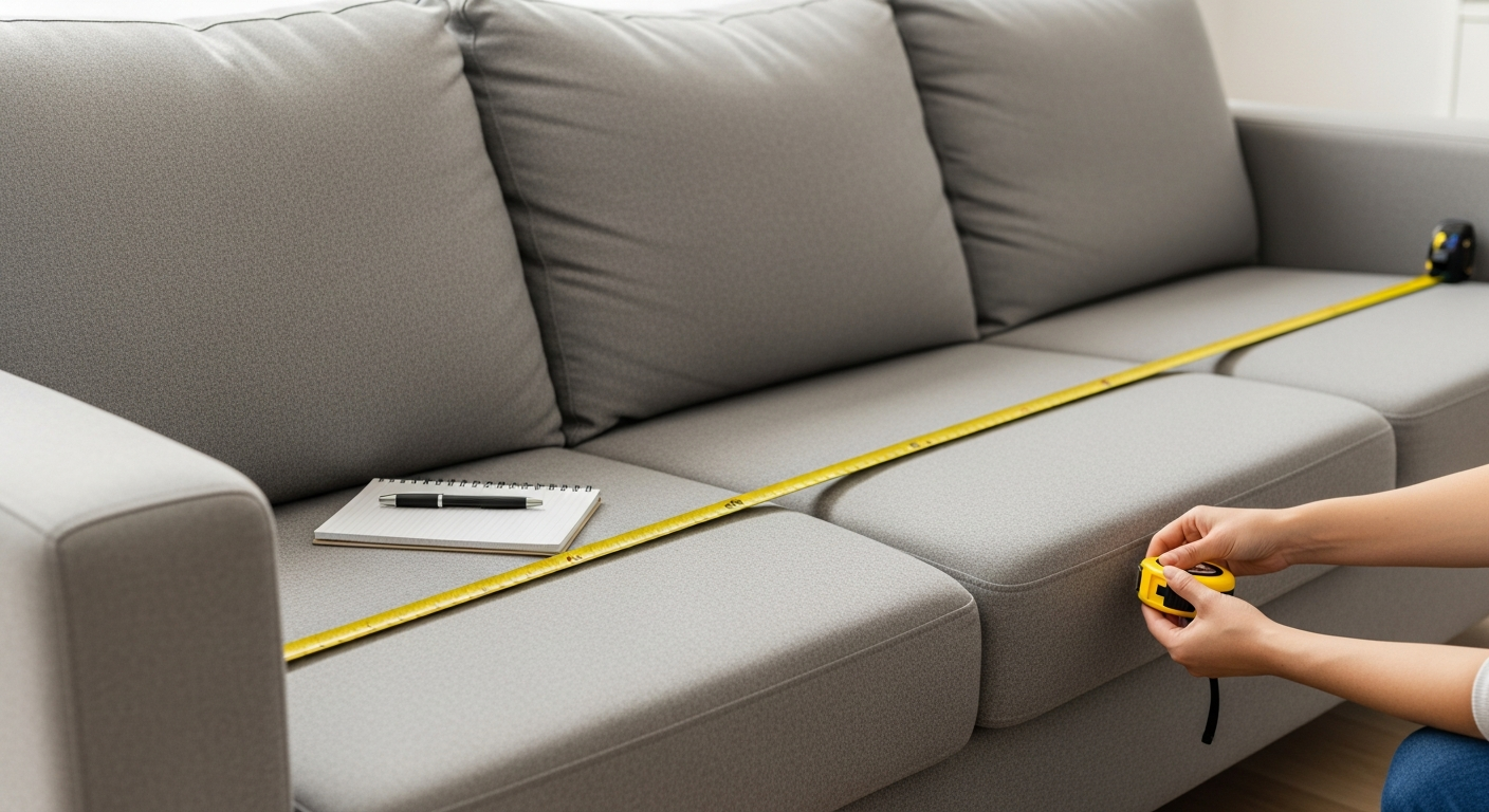 A person measuring a three-seat sofa with a yellow tape measure across the seat front, a notebook on the cushion, bright daylight.