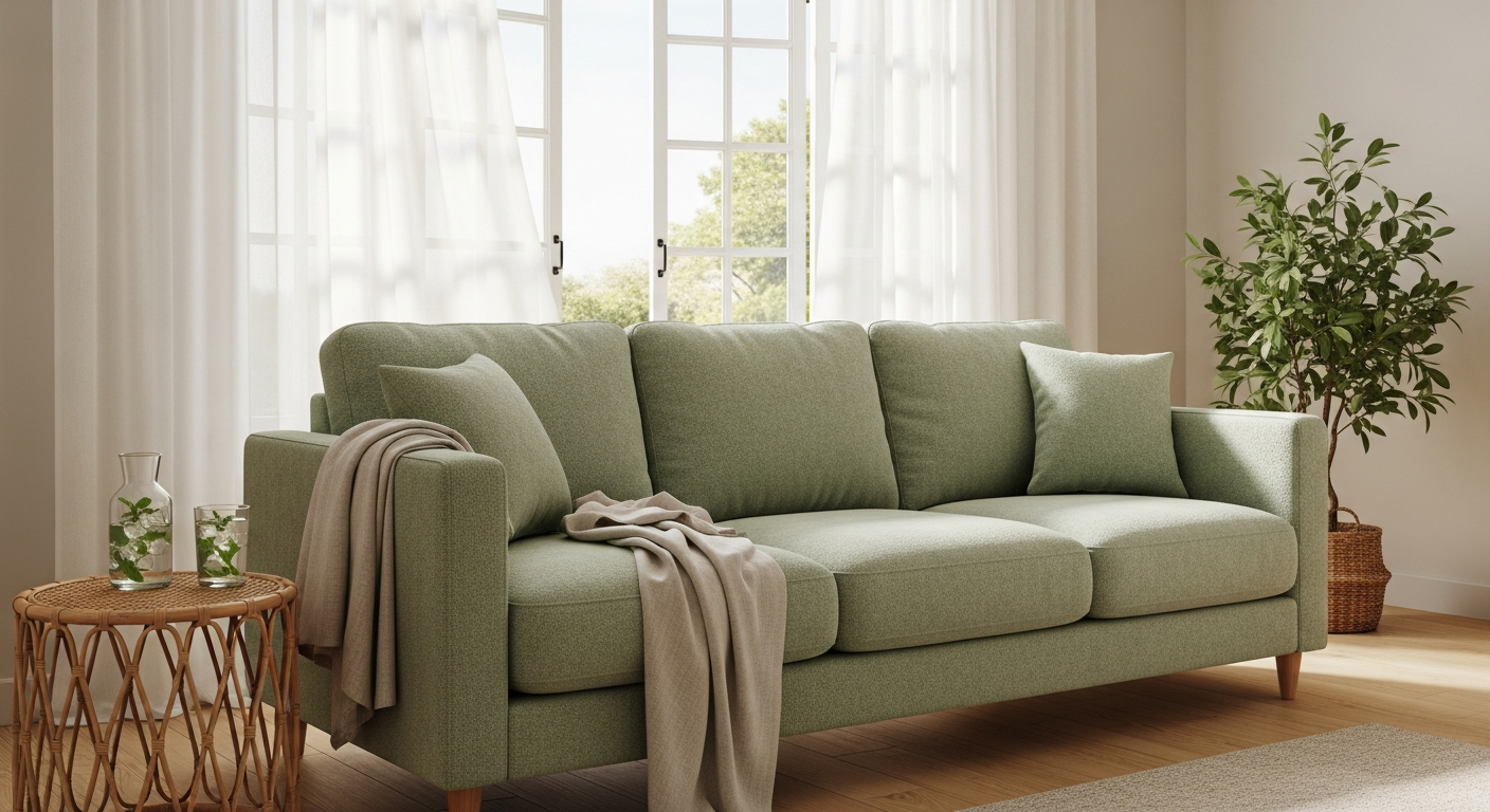 A bright airy summer living room with open windows and sheer curtains, a three-seat sofa dressed in a light matcha-green chenille cover, a linen throw, iced water on a rattan table, and a leafy plant in soft morning daylight.