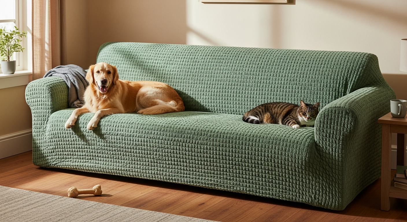 A bright living room with a three-seat sofa fully dressed in a durable matcha-green chenille cover — a relaxed golden retriever lying on one end and a tabby cat curled on the other, a chew toy on the floor, warm daylight.