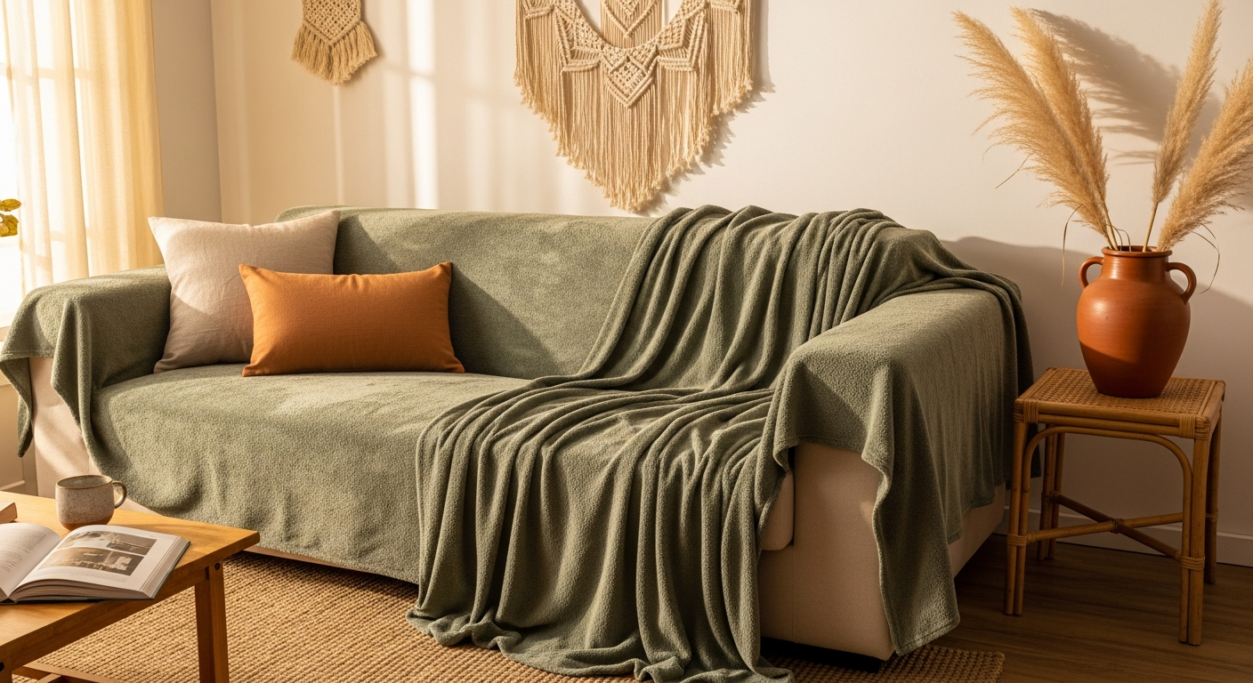 Sage green chenille sofa cover draped over a beige sofa in a bohemian living room — macramé wall hanging, rattan side table with pampas grass, warm afternoon light