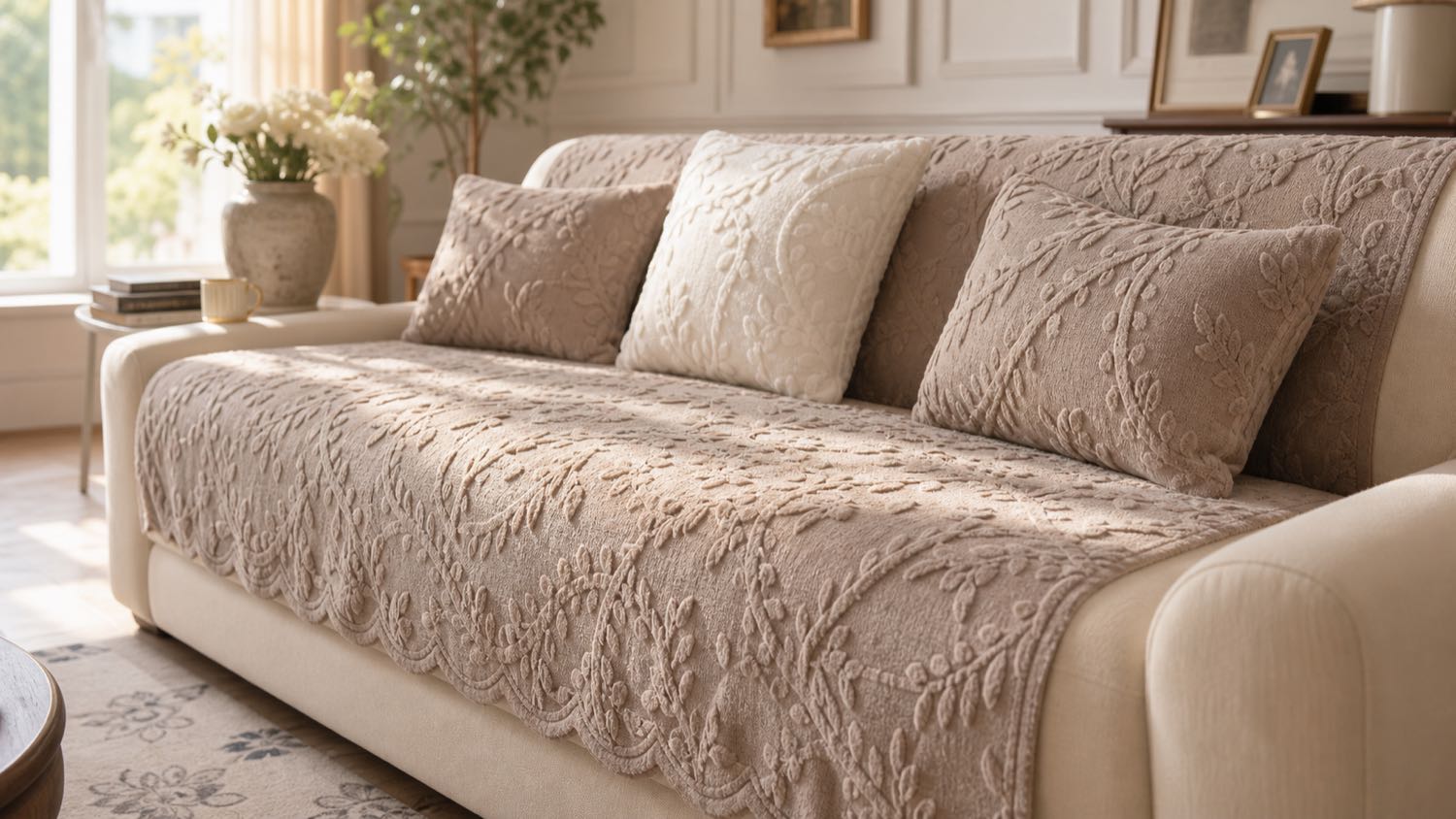 Khaki jacquard plush sofa cover draped over a sofa in a bright, airy neutral living room, showing the raised woven motif pattern against warm afternoon light