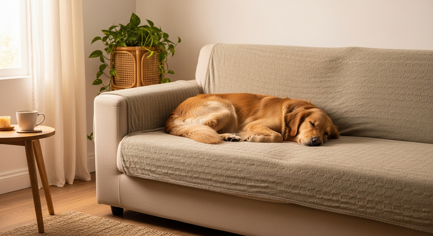 Golden retriever sleeping on a beige sofa with a textured chenille cover, warm morning light from a window, plant and coffee mug nearby — a cozy bohemian living room with a dog who claimed the couch