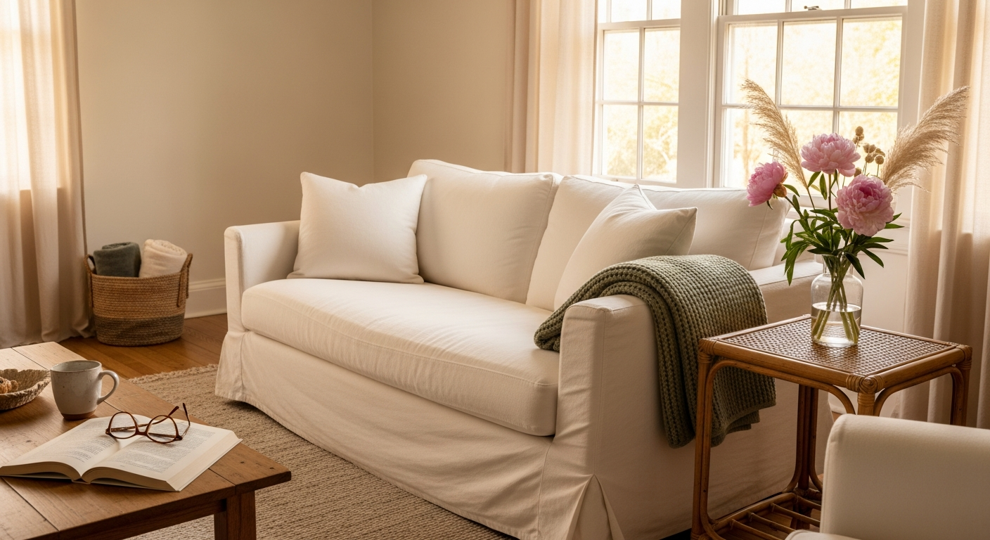 A serene cream-and-linen empty-nester living room in soft morning light — slipcovered linen sofa with sage chenille throw, rattan side table with peonies, wooden coffee table with open paperback and ceramic mug