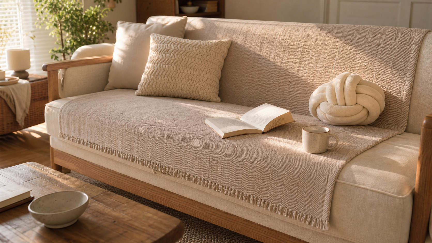 Beige herringbone chenille sofa mat draped over the seat cushions and backrest of a warm-toned living room sofa, fringe visible along the front edge