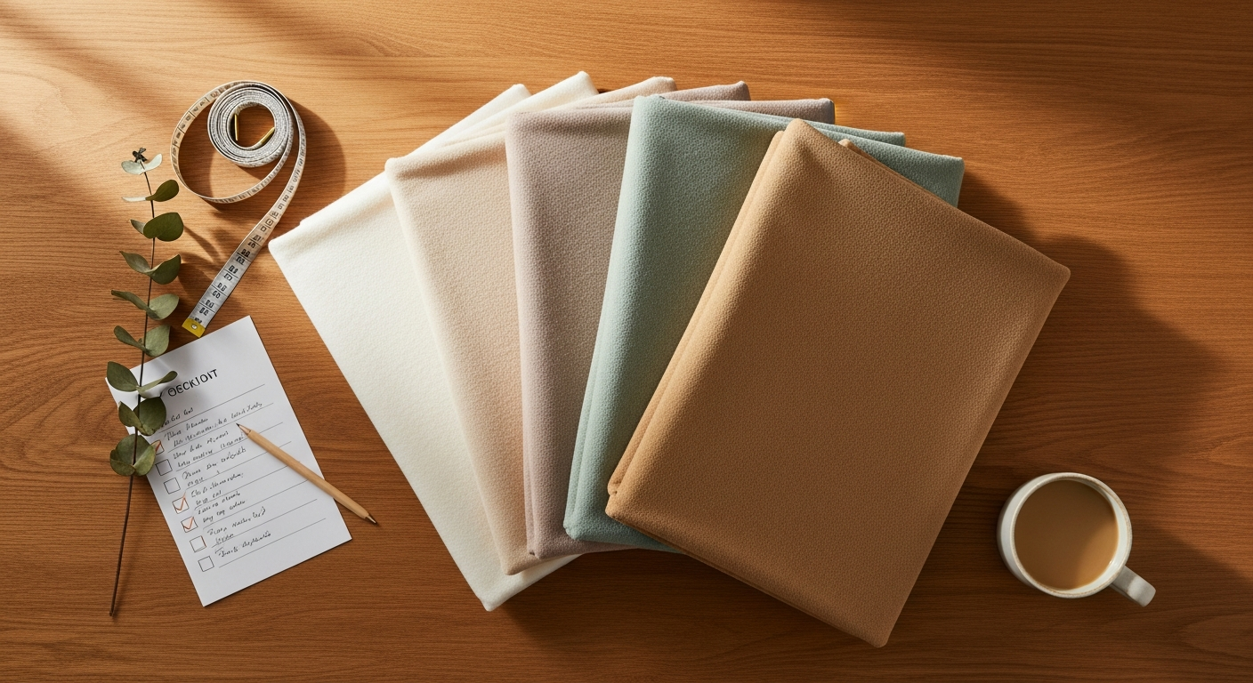 Four folded chenille sofa covers in cream, beige, sage, and khaki on a wood surface with a fabric tape measure and a handwritten checklist — making a confident sofa cover decision