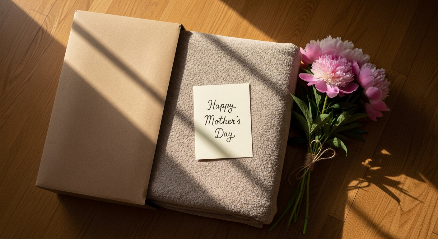 Brown kraft shipping box with a folded beige chenille sofa cover peeking out, a handwritten Mother's Day card, and a peony bouquet — a Mother's Day gift that arrived just in time