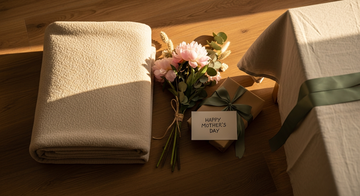 Folded beige chenille sofa cover with a Mother's Day card, peony bouquet, and wrapped gift box on warm wood — a Mother's Day surprise being prepared