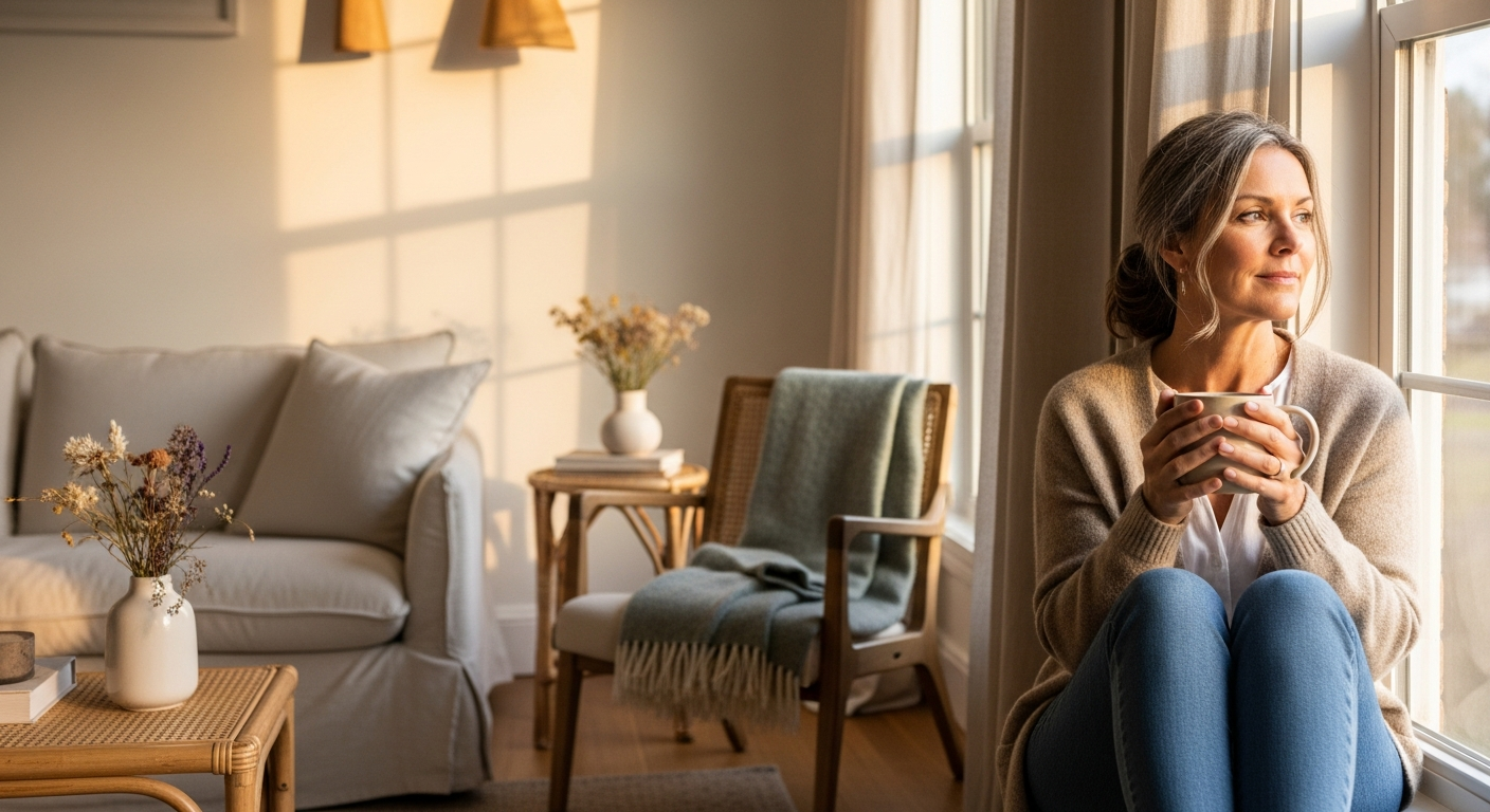 A woman in her late 50s sitting alone by a window in a softly-lit cream-and-linen living room, holding a warm ceramic mug, looking thoughtfully at golden afternoon light — a Nancy Meyers aesthetic moment of self-care