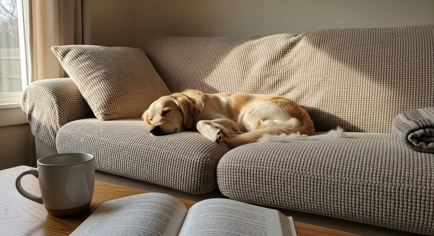 A casual lived-in living room with a beige chenille sofa cover, a sleeping golden retriever curled on one cushion with visible light fur, a ceramic mug and open book on the coffee table — the pre-cleanup pet household moment