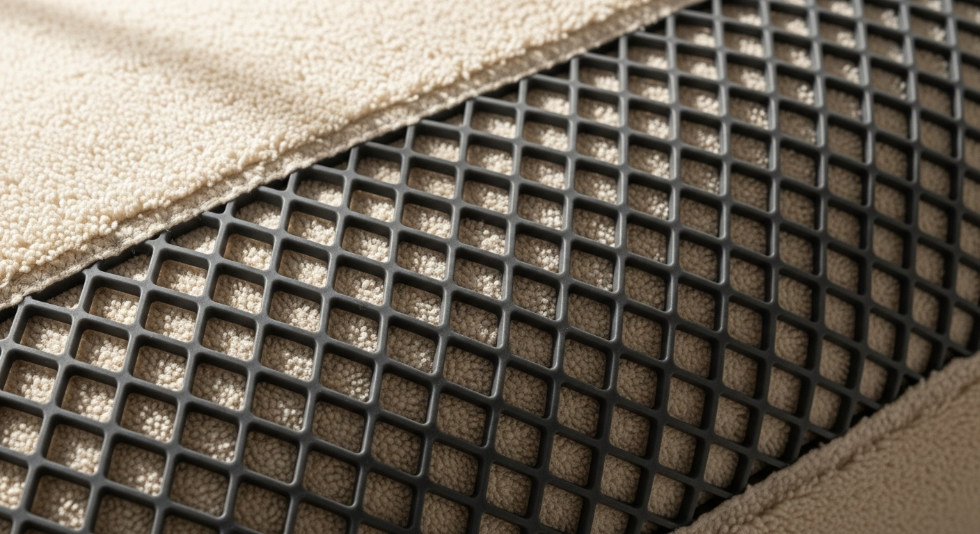Extreme macro closeup of a continuous non-slip silicone grid bonded to the underside of a chenille sofa cover — the structural answer to cover migration