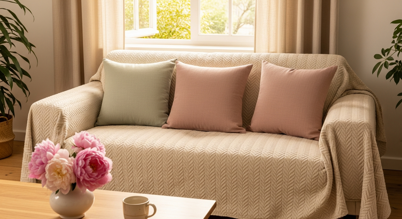 A bright sun-lit summer living room with a beige chenille sofa cover, sage and dusty rose pillows, and peonies on the coffee table — the 30-minute summer-ready refresh complete