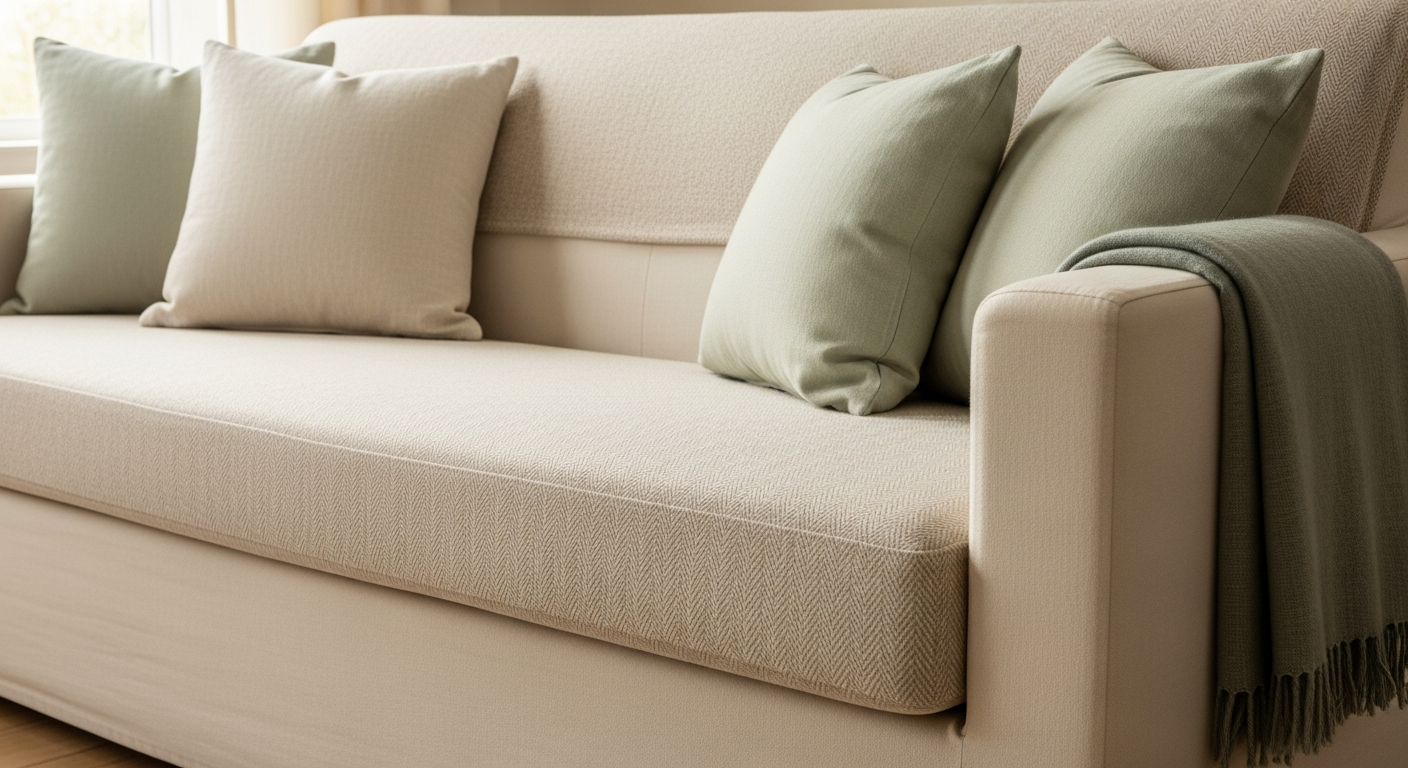 A clean-installed beige chenille sofa cover with proper front-edge tuck, 3 pillows in cream and sage, and a single folded sage throw on the armrest — the slipcover that reads as upholstery