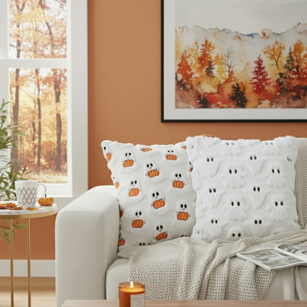 Coverfect Plush Ghost & Pumkin Pillow Cover – Warm & Elegant Accent