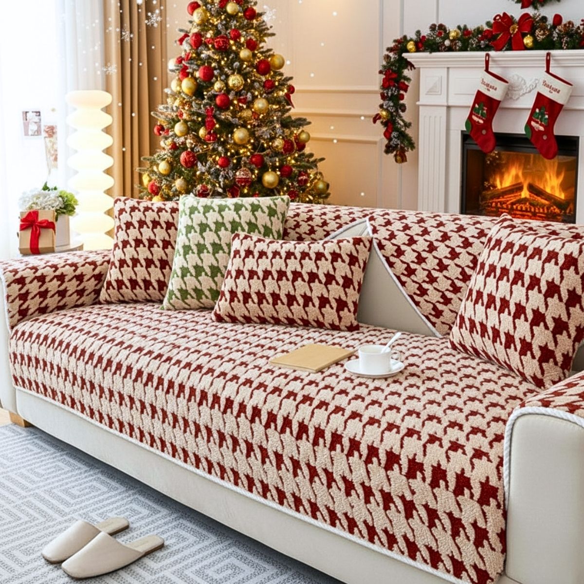 Coverfect Heritage Houndstooth Fleece Sofa Cover | Warm Textured Elegance