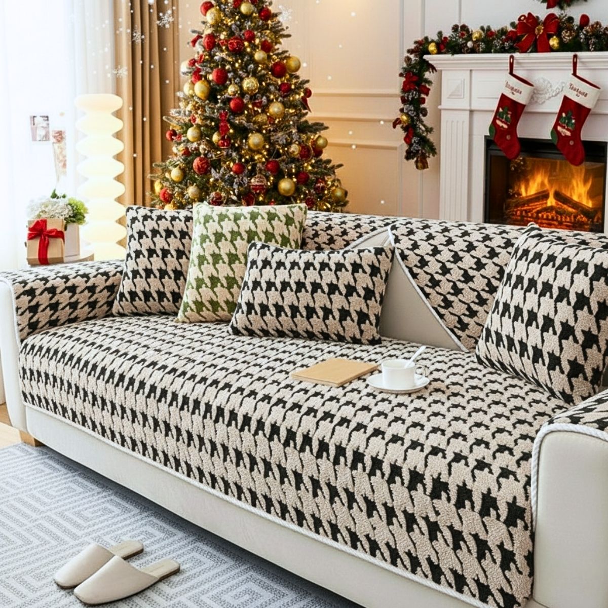 Coverfect Heritage Houndstooth Fleece Sofa Cover | Warm Textured Elegance