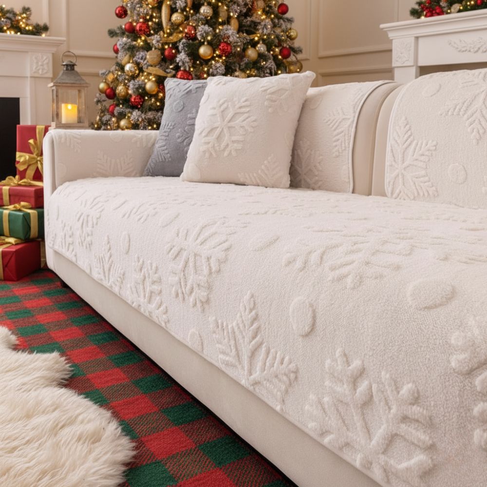 Coverfect Cozy Nordic Plush Velvet Sofa Cover | Snowflake Winter Decor