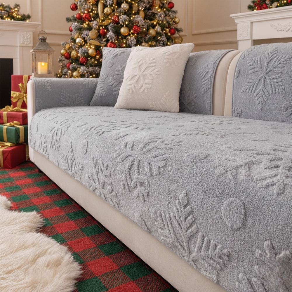 Coverfect Cozy Nordic Plush Velvet Sofa Cover | Snowflake Winter Decor