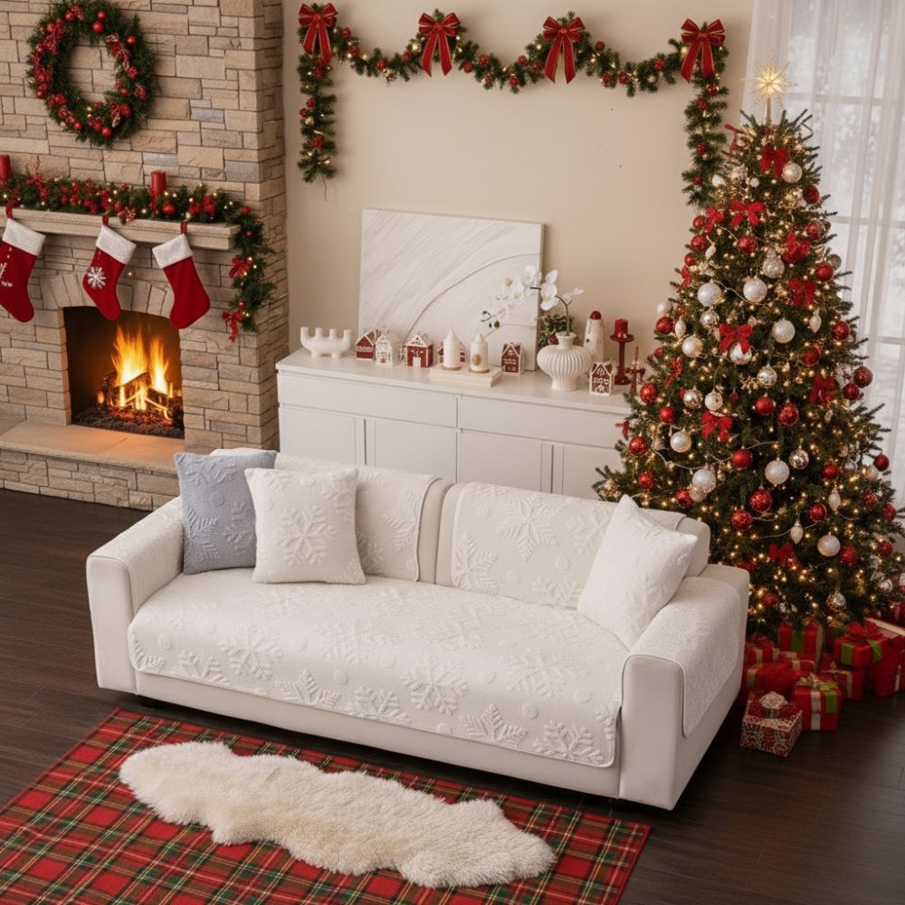 Coverfect Cozy Nordic Plush Velvet Sofa Cover | Snowflake Winter Decor