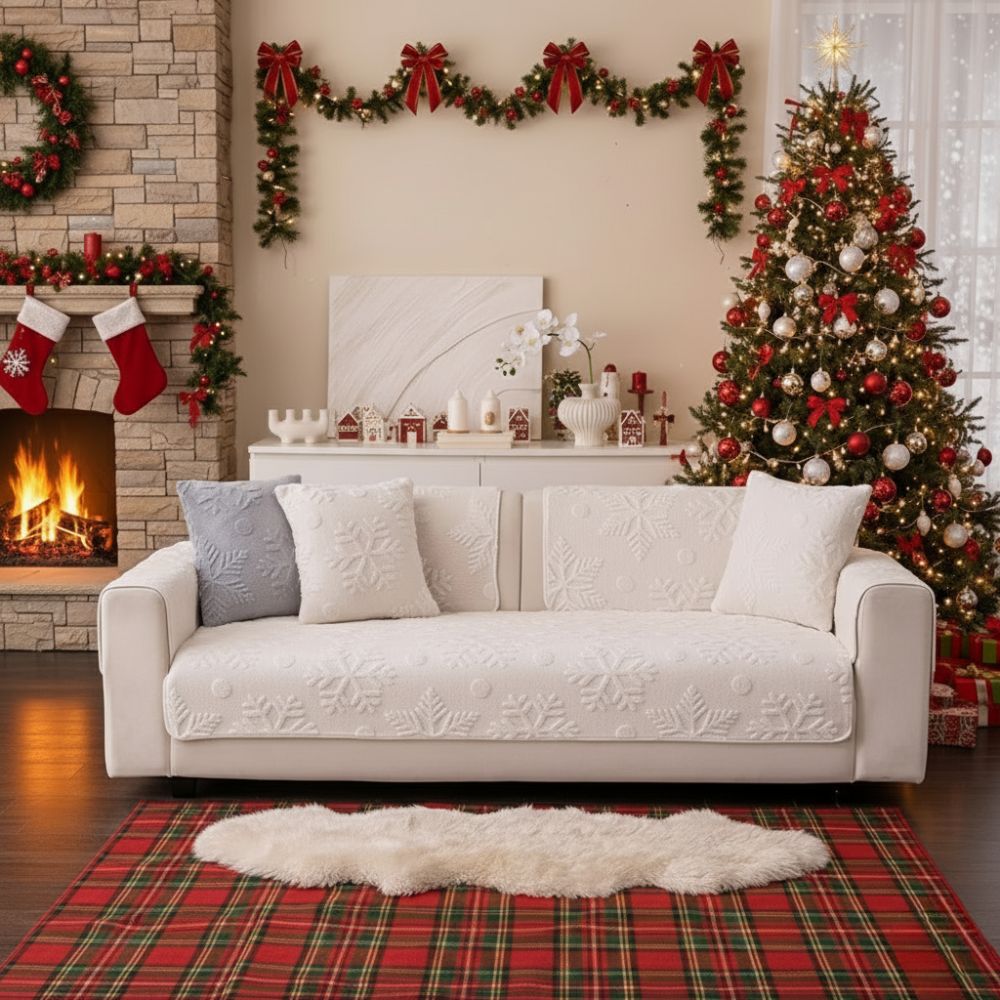 Coverfect Cozy Nordic Plush Velvet Sofa Cover | Snowflake Winter Decor