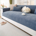 Gray blue herringbone chenille sofa cover on white modern sofa - living room decor