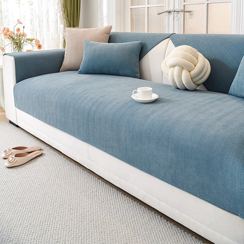 Harbour Blue herringbone chenille sofa cover on white modern sofa - living room decor