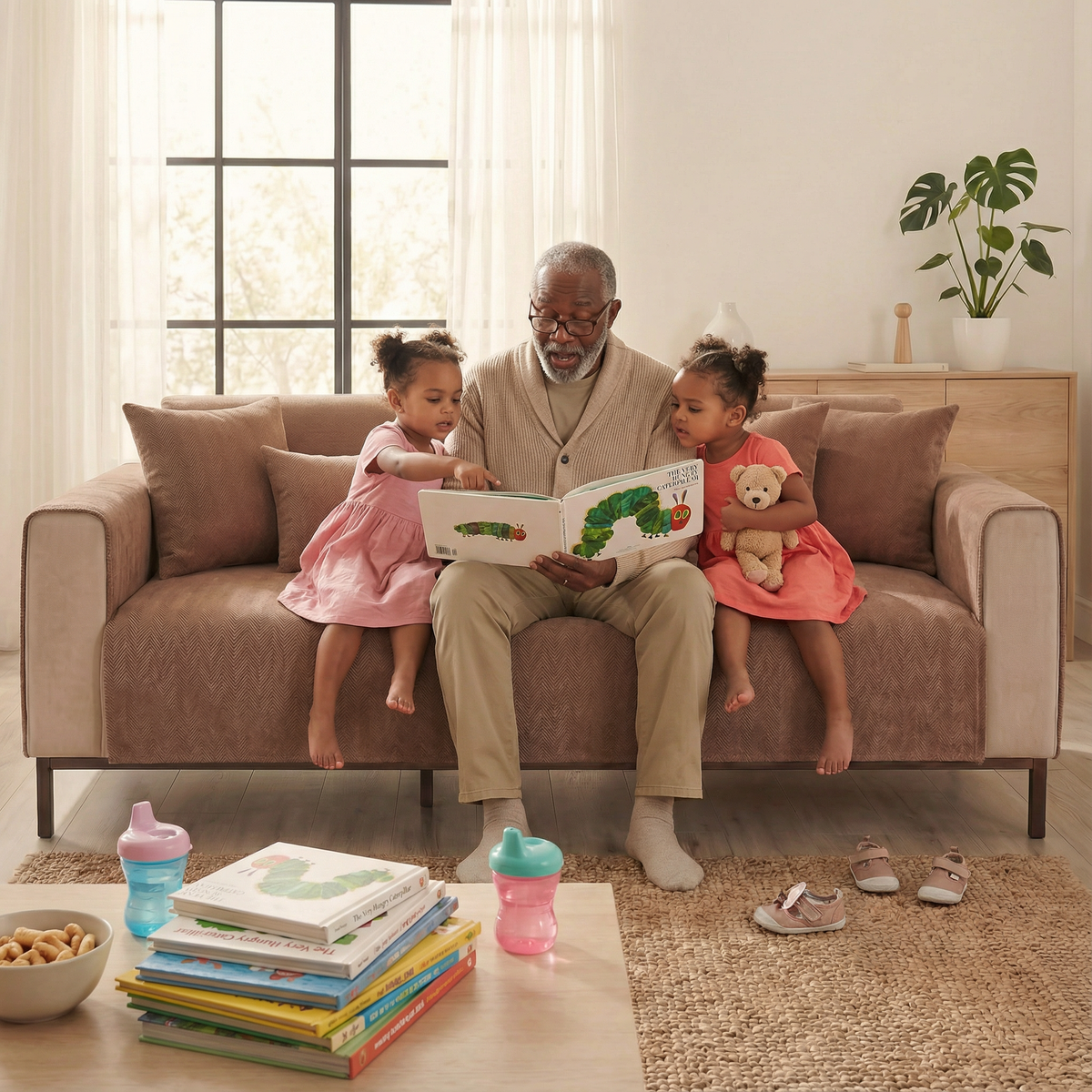 Grandfather reading to two granddaughters on tan herringbone sofa cover - lifestyle shot - kid-proof sofa cover