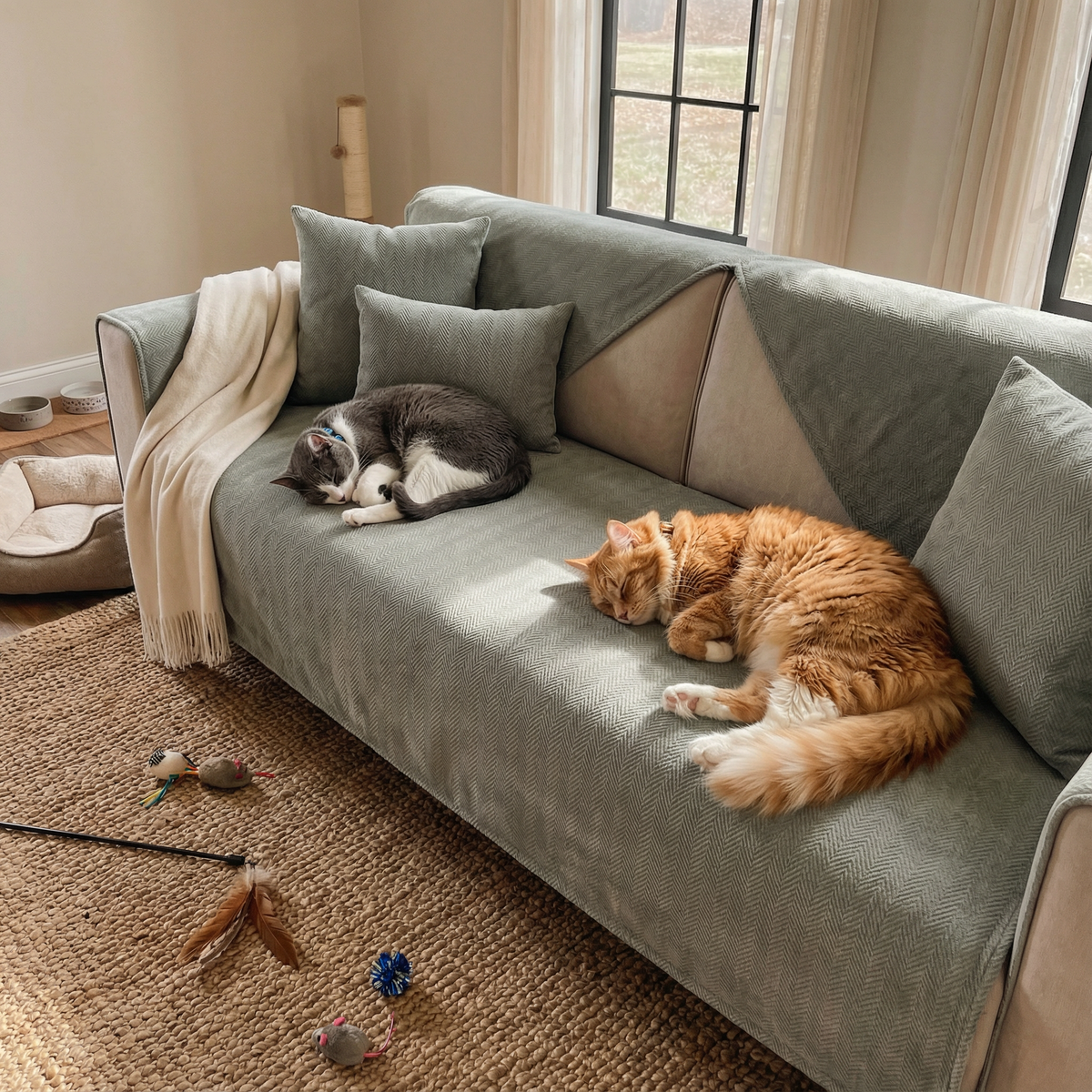 Two cats sleeping on sage green herringbone sofa cover - cat owner lifestyle - pet-friendly sofa cover