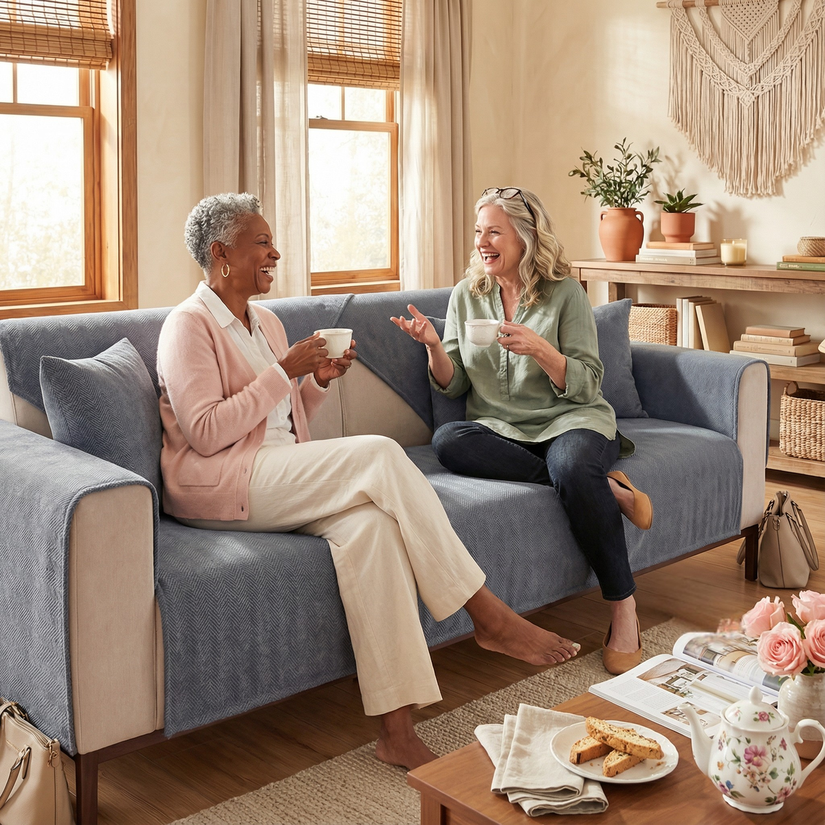 Two women over 50 enjoying coffee on slate blue herringbone sofa cover - entertaining at home - premium sofa cover
