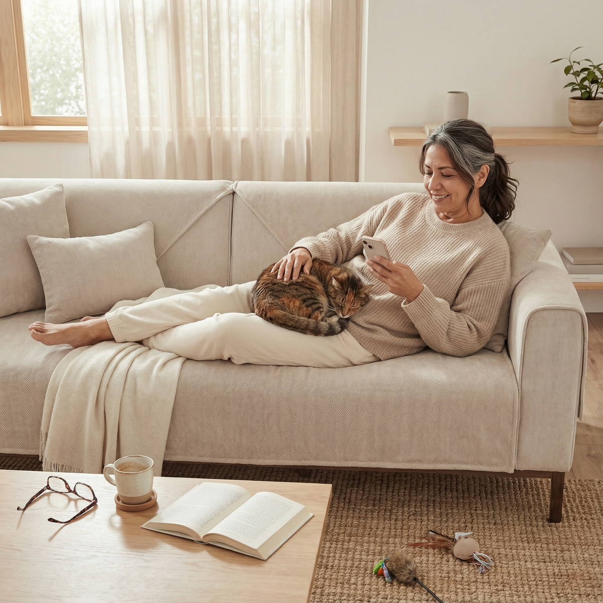 Grandmother sitting with cat on khaki chenille herringbone sofa cover - grandparent-ready living room