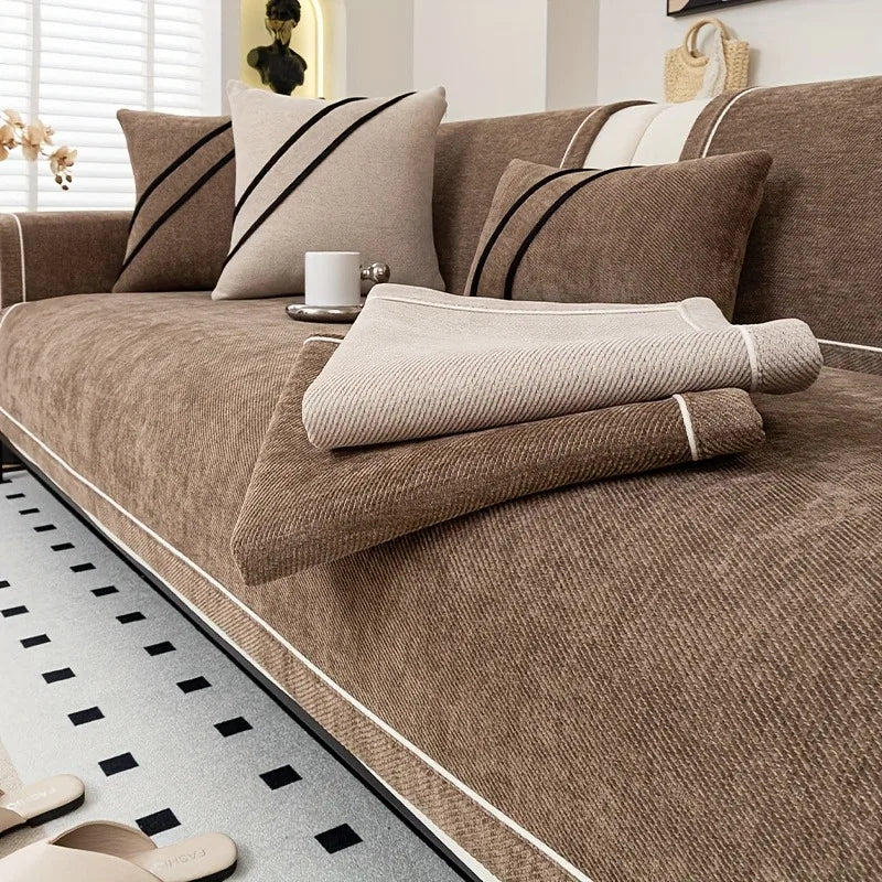 Brown luxurious chenille sofa cover styled on modern sofa with matching arm covers - full coverage sofa protection
