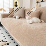 White cat resting on Khaki luxurious chenille sofa cover - pet-friendly sofa cover for cat owners
