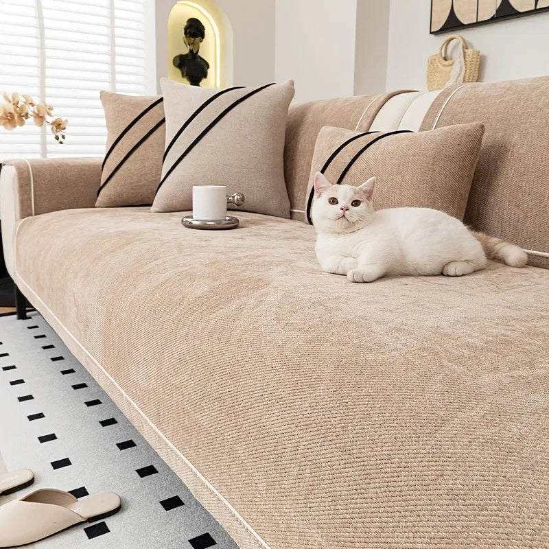 White cat resting on Khaki luxurious chenille sofa cover - pet-friendly sofa cover for cat owners