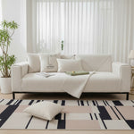 Three-seat sofa with cream ribbed morandi chenille sofa cover, abstract face cushions and bright living room setting