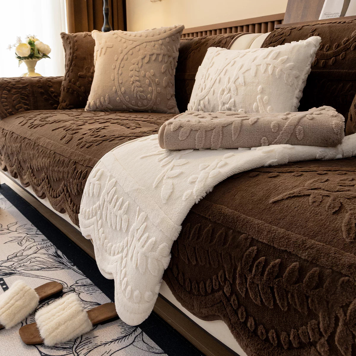 Coverfect SnowFur Jacquard Plush Cozy Sofa Cover