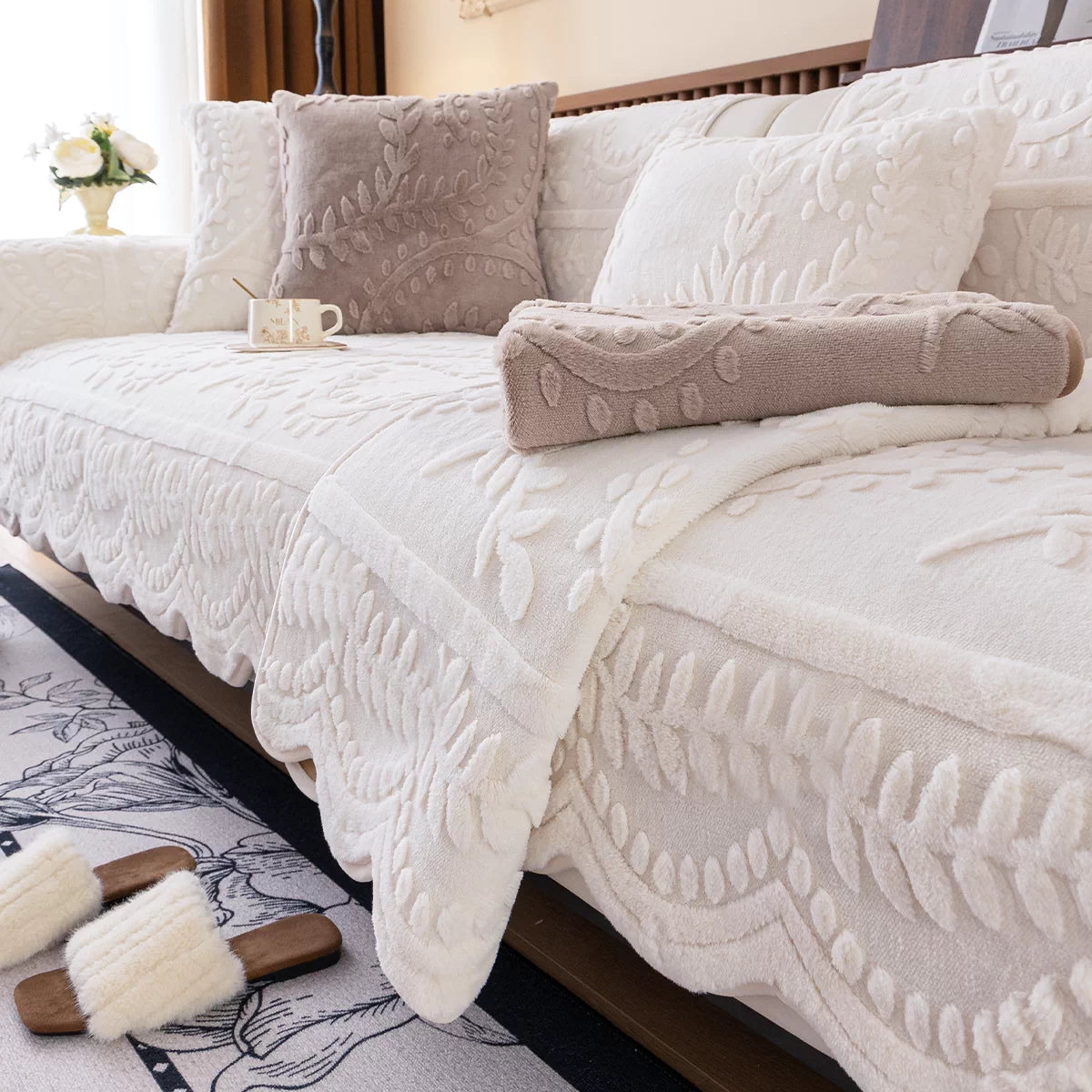 Coverfect SnowFur Jacquard Plush Cozy Sofa Cover