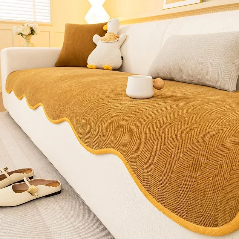 Coverfect Chenille Minimalist Herringbone Non-Slip Wavy Edge Sofa Cover