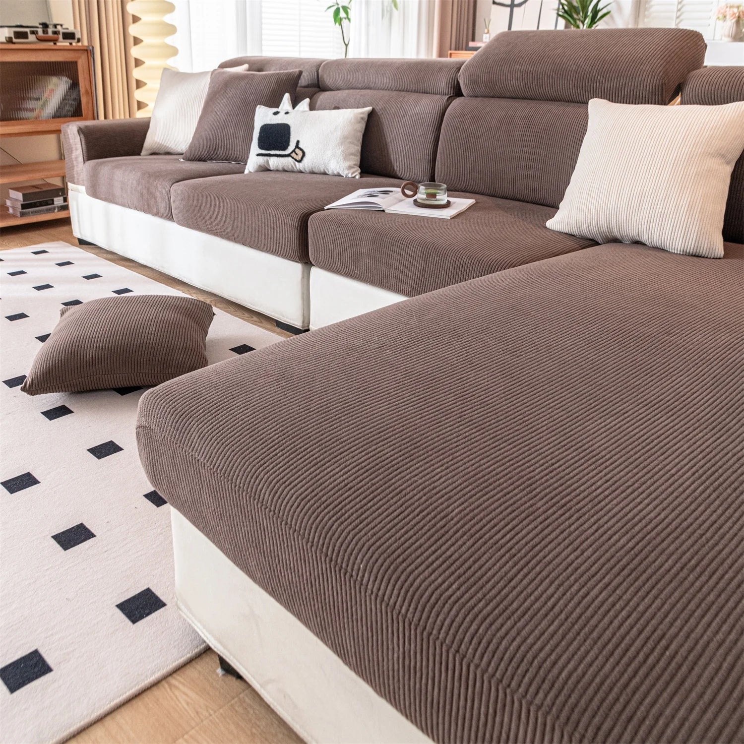 Coverfect Vertical Stripe Corduroy Anti-Scratch Stretch Sofa Cover