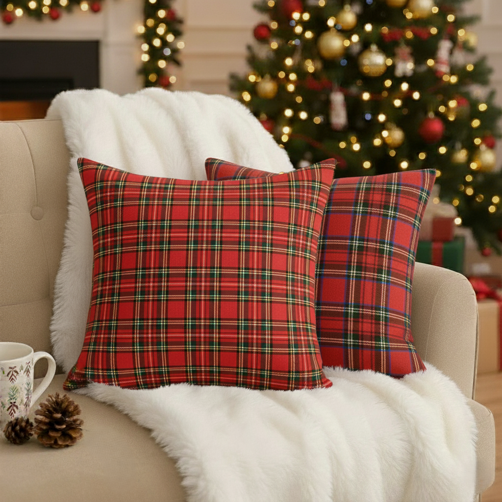 Coverfect Christmas Holiday Tartan Cotton Pillow Cover