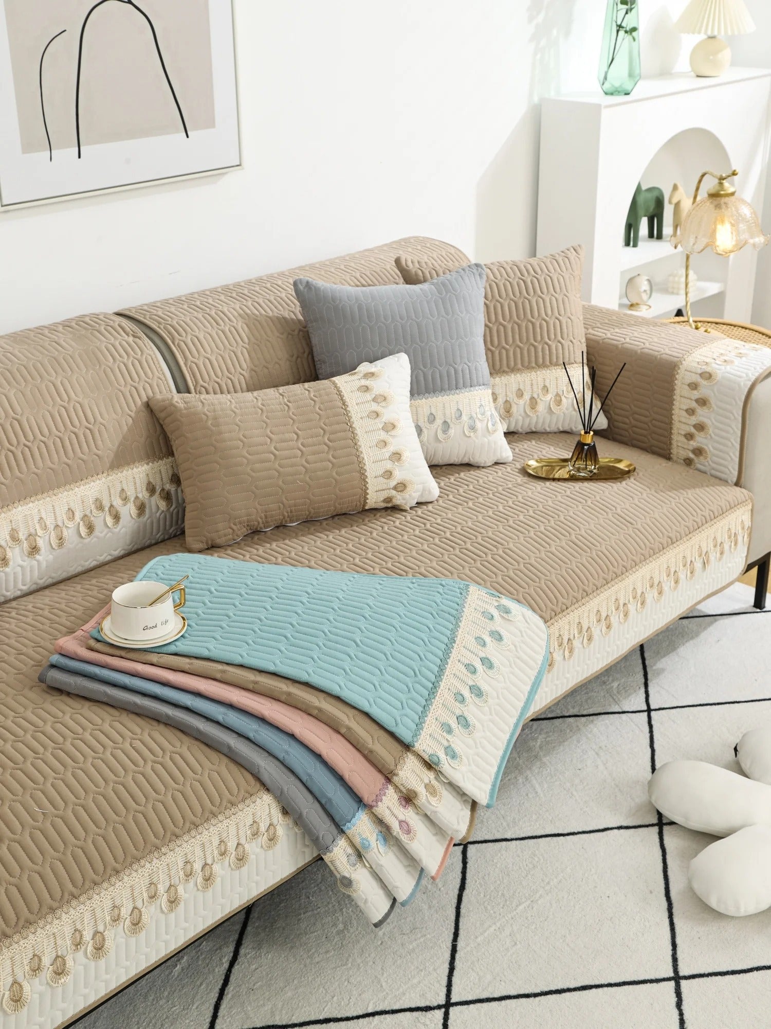 Coverfect Luxurious Embroidery Quilted Sofa Cover
