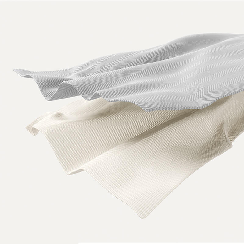  Two sofa cover fabrics floating in air showing herringbone grey pattern and cream ribbed texture